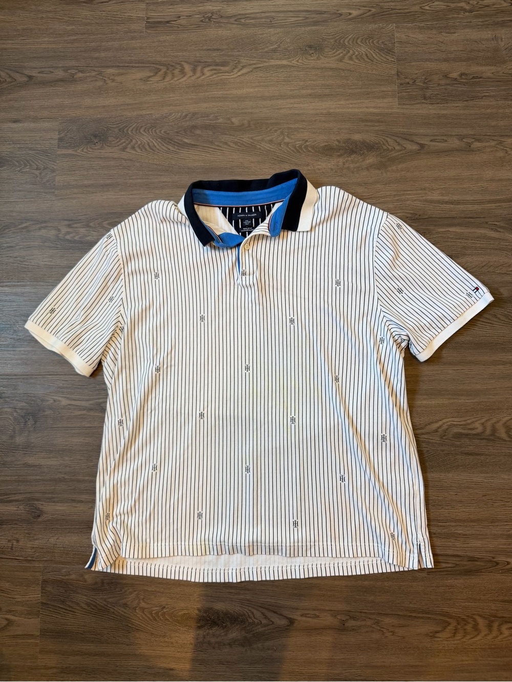 Tommy Hilfiger Men XXL Polo Shirt Vertical Stripe Monogram Pique White Blue